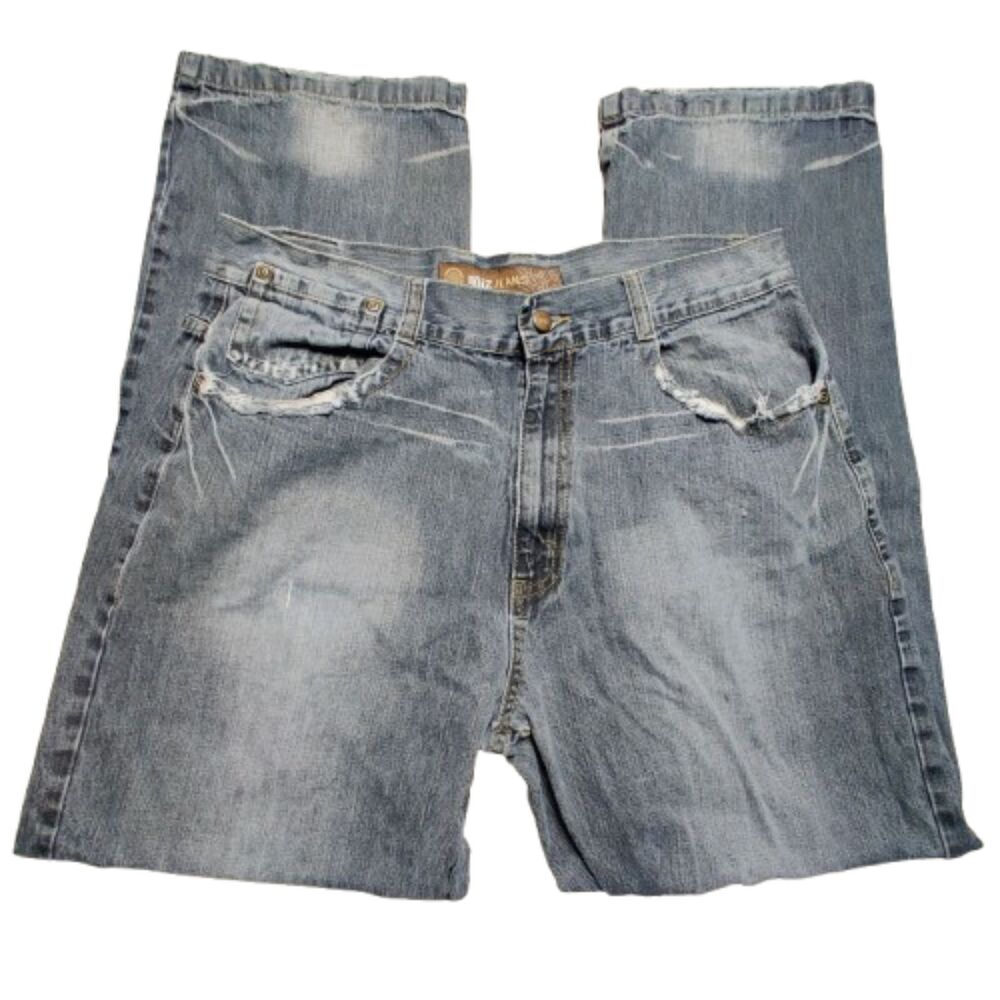 Noiz Jeans Men's 38x34 Blue Distressed Wide Leg Denim Jeans Faded Wash